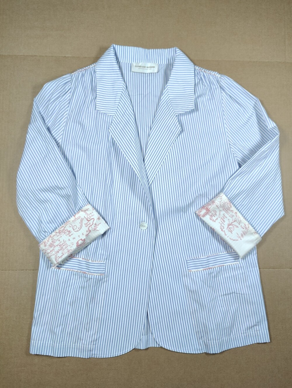 La Prestic Ouiston White Blue Striped Cotton Relaxed Blazer Silk Details Size 2